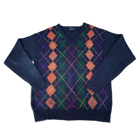 VTG Arrow Sweater 2XL Blue Pink Argyle Chunky Knit VNeck Grandpa Golf Preppy 90s - Picture 1 of 7